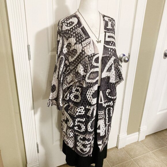 VIA VITALE Vintage white grey black number print long cardigan ~ MEDIUM LARGE XL - Picture 4 of 13